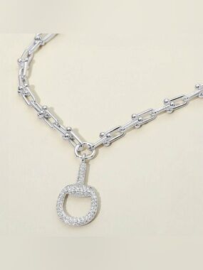 14K Gold Plated Chunky Industrial Chain CZ Pave Half Horsebit Pendant Necklace